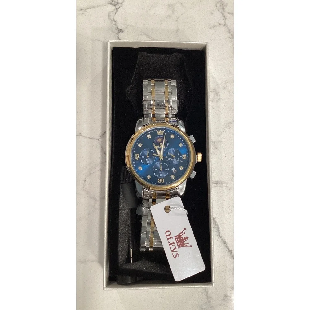 OLEVS Mens Chronograph Watch Blue Dial Two Tone Stainless Steel‎ Moon Phase New